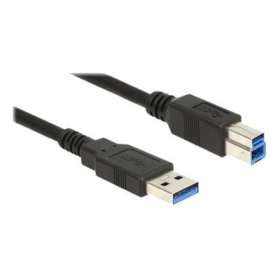 Sort Delock USB 3.2 Gen 1-kabel på 5 meter med USB-A- og USB-B-stik vist fra hver sin ende.