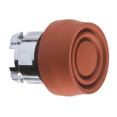 Schneider Electric Harmony Style 4 trykknap med rød silikonekappe, viser den ydre del af knappen og en del af metalhuset.