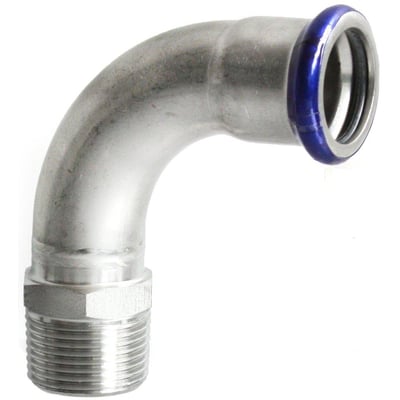 Unico rustfri overgangsbøjning 90 grader, med udvendigt gevind 1 1/2" og pressmuffe til 42mm rør, med blå indikatorring.