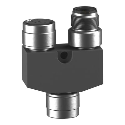 Telemecanique Sensors XCSRZY1 Y-splitterstik med M12, 8-8-5 poler og tre tilslutninger på sort hus.