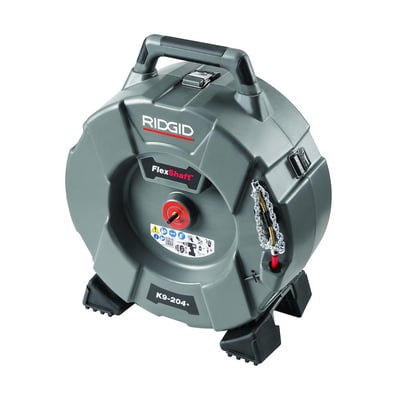 Ridgid FlexShaft K9-204+ afløbsrenser med 15,2 meter kabel til rør 50-100 mm, vist på hvid baggrund.