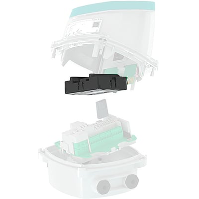Siemens SITRANS FMT020 MODBUS RTU kommunikationsmodul vist som en sort printplade med stik på en delvist gennemsigtig montagebase.