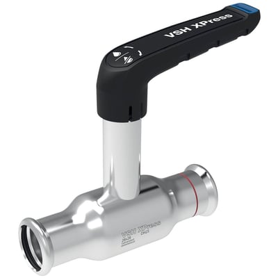 VSH Xpress forzinket kuglehane med press-press tilslutninger, 42mm, med høj spindel og ergonomisk håndtag, ideel til varme- og kølesystemer.
