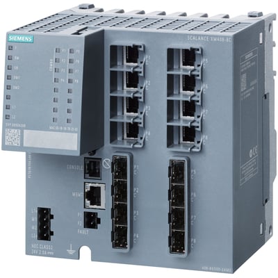 Siemens Scalance XM408-8C managed modular IE switch med 8x RJ45 og 8x SFP porte på grå baggrund.