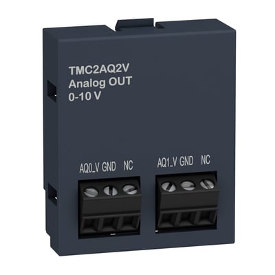Schneider Electric TMC2-indstikskort til Modicon M221 med to analoge 0-10 V-udgange og synlige skrueklemmer.