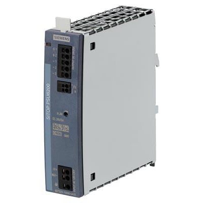 Sidevisning af Siemens SITOP PSU6200 24V strømforsyning, viser dens kompakte design med køleribber i toppen.