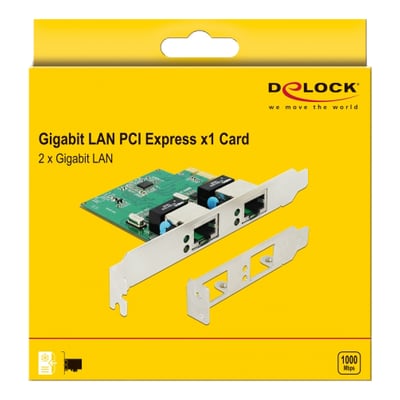 Gul emballage med illustration af Delock PCIe-netværkskort med to Gigabit LAN-porte og sølvfarvet beslag.