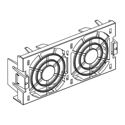 Schneider Electric ventilator til ATV61/71 frekvensomformere 5,5-7,5kW, vist som en teknisk tegning med to blæsere monteret i et hus med clips.