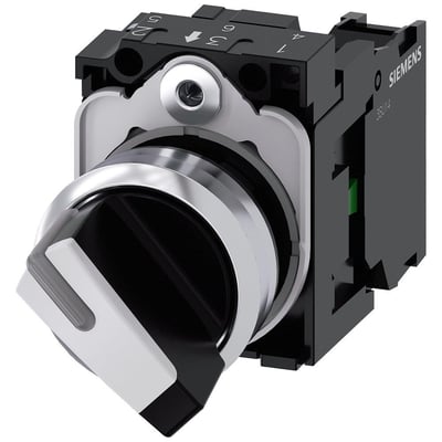 Siemens 22 mm omskifter med hvid/sort drejeknap, låsende funktion og 1NO kontakt på sort baggrund.