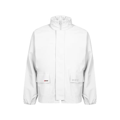 Lyngsøe regnjakke PU LR68 i hvid, størrelse S, med synlig lynlås, to lommer og elastik ved ærmerne.