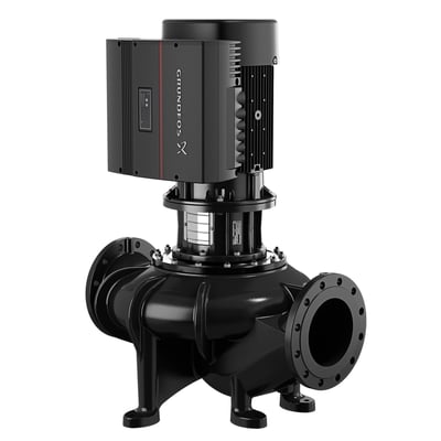 Grundfos 1.1/2" PN10 kuglekontraventil i støbejern med flanger, vist med en sort overflade på hvid baggrund.