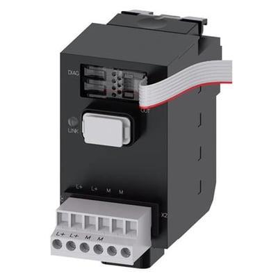 SIRIUS ACT terminal modul med integreret rød LED, viser tilslutningsklemmer og diagnostikport.