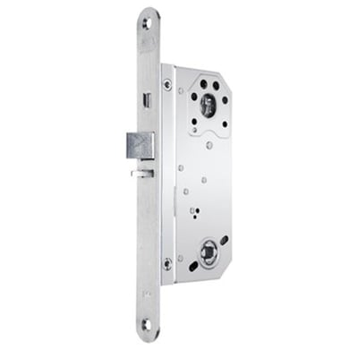 Assa Abloy låsekasse 8561 til venstre med galvaniseret overflade, 50 mm dornmål og synlig låsebolt.