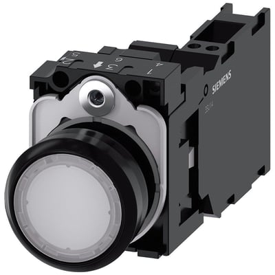 Siemens oplyst trykknap 22mm, hvid plastik, rund, med 1NO 1NC kontakt og integreret LED-modul for 24V.