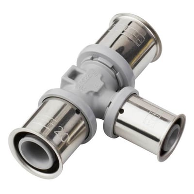 Roth KU-tee T-stykke til Alu-LaserPlus systemet i messing og grå plast med dimensionerne 32 x 20 x 26 mm.