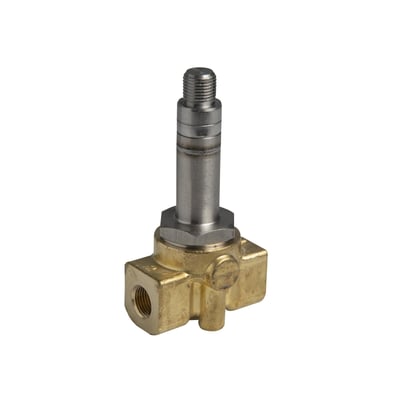 Messing magnetventil 2/2 NO med G1/2" tilslutning og et messing ventilhus, fotograferet på hvid baggrund.