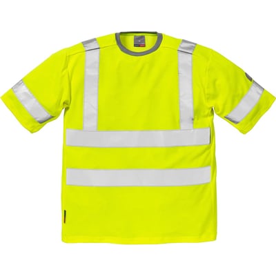 Kansas Hi-Vis t-shirt i gul, str. L, med påsyede refleksbånd på ærmer og torso, grå ribkrave og hvid baggrund.
