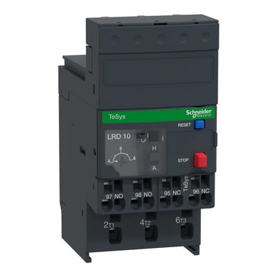 Schneider Electric TeSys D termorelæ LRD 4-6A i grå plast med reset-knap, stop-knap og indstillingsmuligheder.