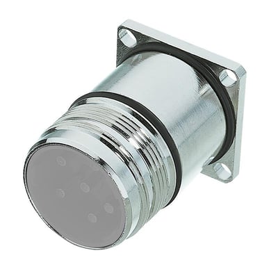 Weidmüller hus til cirkulært M23-stik i kobber-zink-legering, vist skråt forfra med gevind, stikflade og firkantet flange.