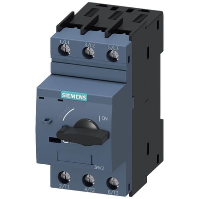 Siemens SIRIUS 3RV2 motorværn i størrelse S0, 40A, med drejekontakt til ON/OFF og tydelig mærkning af tilslutningspunkter.