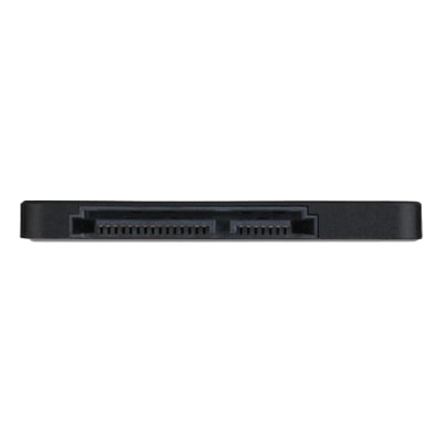 Verbatim Vi550 S3 2.5" SSD i sort, set bagfra, viser SATA-tilslutningsportene tydeligt på en neutral baggrund.