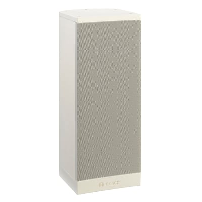 Bosch LB1-UM50E-L kabinethøjttaler på 50 W i hvid ses skråt forfra med stor perforeret frontgrill og glat sidekabinet.
