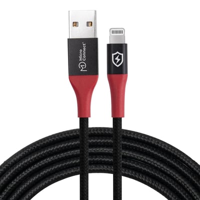 MicroConnect Safe Charge datablokerkabel på 1,5 meter med USB-A- og Lightning-stik, sort flettet kabel og røde stikskafter.