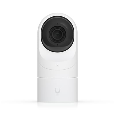 Direkte frontudsigt af Ubiquiti UniFi Protect G5 Flex 4.1MP 2K HD kameraet i hvid plast.