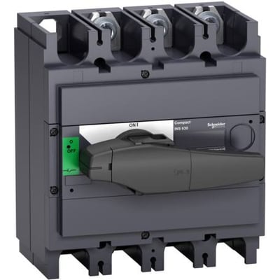 Schneider Electric kompakt lastadskiller INS500 3-polet 500A med mörkgrå kapsling och en svart manöverhandtag i OFF-läge.