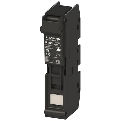 Siemens SITOR sikringsholder 22x127 mm, 63A, 1500V, 1-polet, sort plast med mærkat der viser tekniske specifikationer og godkendelser.