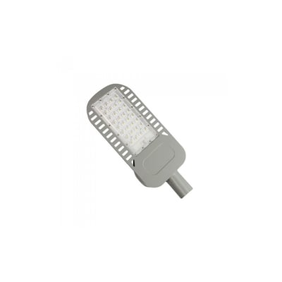 V-TAC 50W LED gadelampe med Samsung chip og køleribber, monteret på en hvid baggrund.
