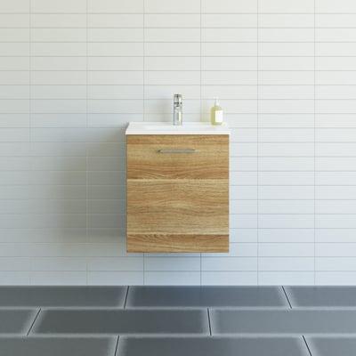 Dansani 51 cm Mido møbelpakke i varm eg med Amber Mini vask, venstrehængslet låge og forkrommet greb.