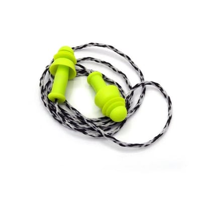 Activewear RF1 ørepropper i gul med sort- og hvidmønstret snor, set samlet fra skrå vinkel.