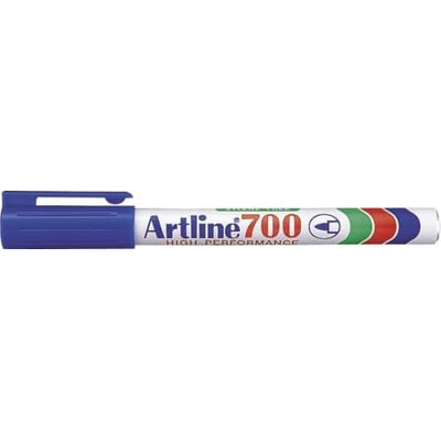 Blå Artline 700 tusch med "HIGH PERFORMANCE" og en stregbredde på 0,7 mm vist horisontalt.