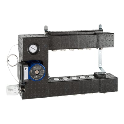 Salus isolering til GVU shuntunit med cirkulationspumpe og manometer på hvid baggrund.