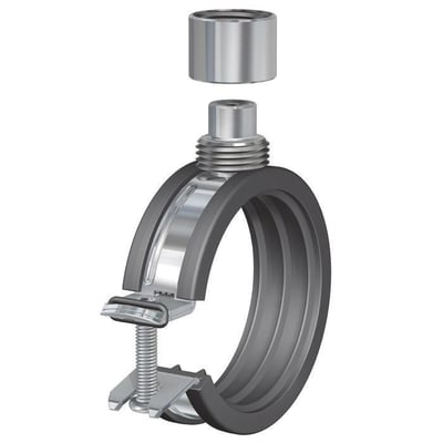 Flamco BSH rørbøjle med lyddæmpende gummibånd, 1/2", M8/10 x 121-127 mm, vist samlet med løs topdel.