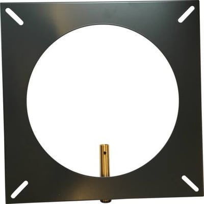 Afdækningsplade FR2AFD-001 i sort metal med et stort cirkulært hul og en messingcylinder i midten, designet til murede skorstene.