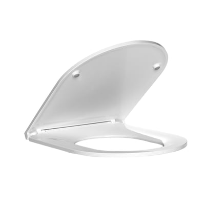 Cassøe Silent toiletsæde i hvid, vist med låget delvist åbent for at vise sædets form og hængsler.