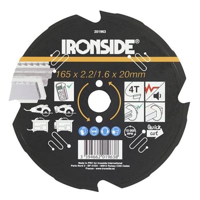 Ironside rundsavklinge til fibercement, 165 mm med fire tænder, set forfra med sort klinge og trykte symboler.