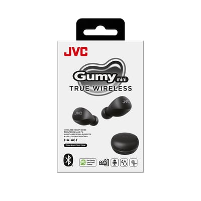 JVC Gumy Mini True Wireless in-ear høretelefoner i sort, vist på produktemballage med Bluetooth-symbol og 23 timers batterilevetid.