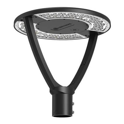 Sort LEDVANCE Urban Lantern Asym-mastetoparmatur med rund LED-lampe, vist nedefra med lysdioder og mastbeslag.