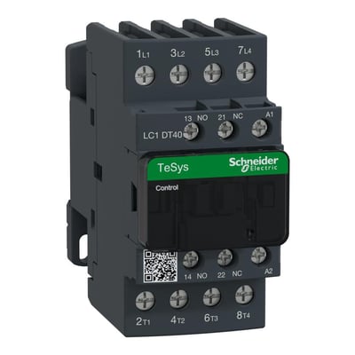 Schneider Electric TeSys D kontaktor med 40A strøm, 4 poler, 1NO+1NC kontakter og 48VAC spænding, vist på hvid baggrund.