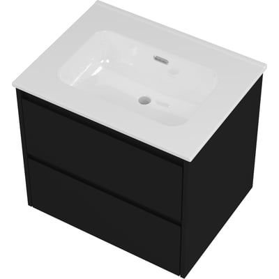 Sanibell Proline møbelsæt i matsort med 2 softclose skuffer og hvid porcelænsvask med overløb, måler 61x46cm.