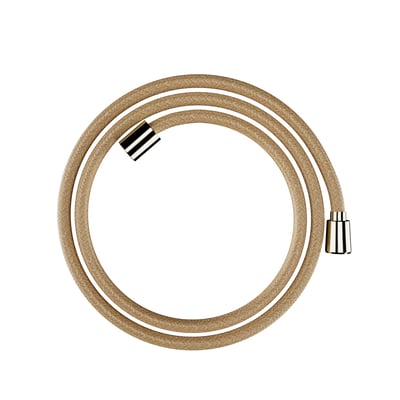 Hansgrohe bruseslange på 1,6 meter i farven guld, vist rullet sammen i en cirkel på hvid baggrund.