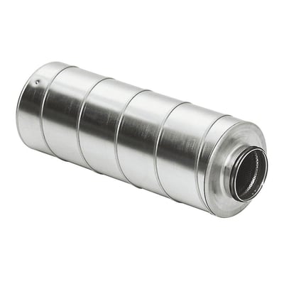 Lindab lyddæmper SLU, 400x900 mm, galvaniseret stål, vist fra en vinkel der fremhæver den cylindriske form og endestykkernes design.