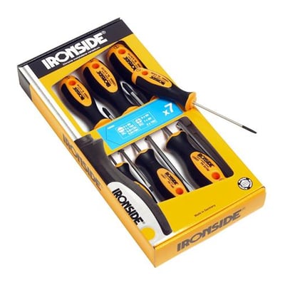 Ironside skruetrækkersæt med 7 skruetrækkere til lige kærv og PH, med orange og sorte skafter i gul æske.