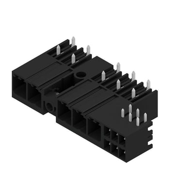 Weidmüller hybridstik til printmontering med 5 poler og 7,62 mm afstand, set skråt med sorte stikåbninger og metalben.