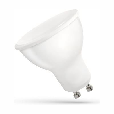 SpectrumLED GU10 LED-pære på 4 W med hvid, matteret overflade og to synlige metalstifter, set skråt forfra.