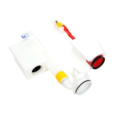 Komplet Ifö udløbsventil til sensorstyret indbygningscisterne, isoleret hvid reservedel med tydelige samlinger og gummitætninger.