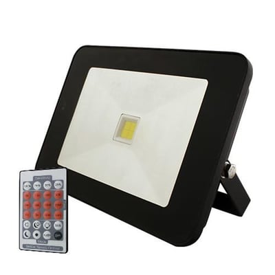 Sort Slimline LED projektør med bevægelsessensor og fjernbetjening på hvid baggrund.
